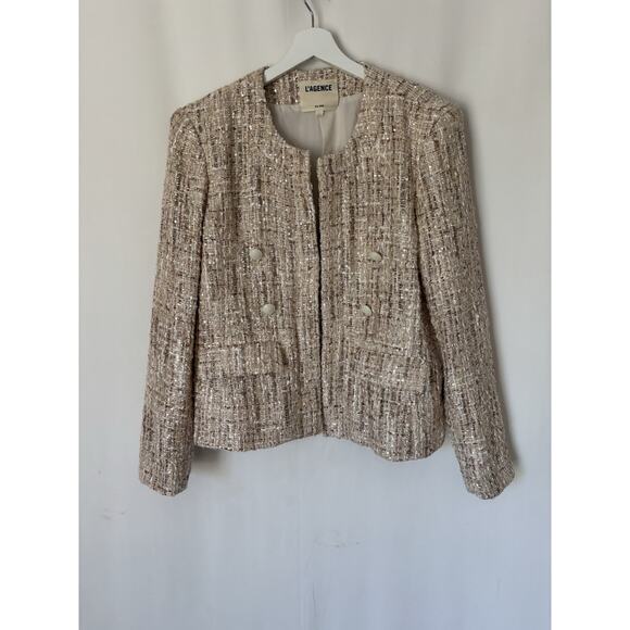 L'Agence Blazer Jacker 12 Womens Tan Beige Gold Open Front Tweed Pattern - Picture 3 of 14